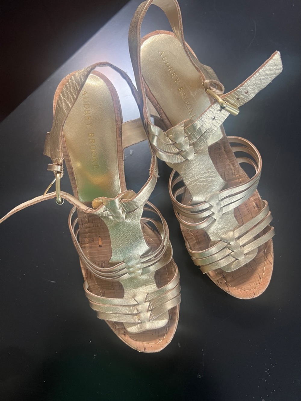 Audrey Brooke Metallic Gold Braided Strappy Wedge Sandals